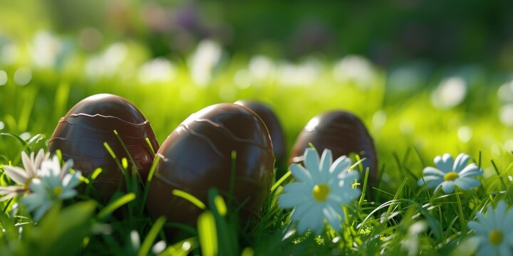 anner showcasing chocolate Easter eggs arranged artfully in the grass, creating a delightful and visually appealing composition