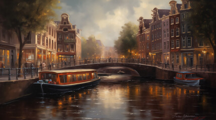 A historic canal scene in Amsterdam, Netherlands, picturesque bridges, traditional Dutch architecture, and boats drifting along the water, 