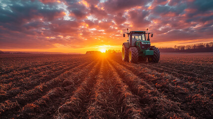 green tractor plowing cereal field with sky with clouds - obrazy, fototapety, plakaty