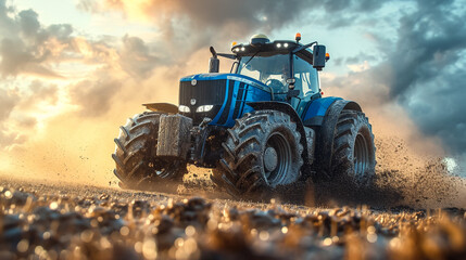 Modern blue tractor machinery plowing agricultural field meadow at farm at spring autumn during...