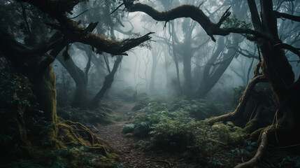 A mist-covered ancient forest landscape, towering trees with twisted branches, an eerie glow from unseen sources