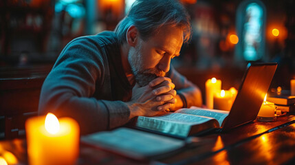 Mature man praying in front of bible - obrazy, fototapety, plakaty