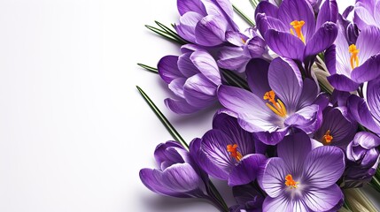 Obraz premium Purple crocuses on white background. Minimalistic design. Copy space