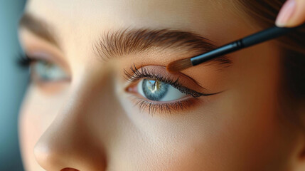 Naklejka premium A makeup artist applies makeup to the girl's eyelids with a brush