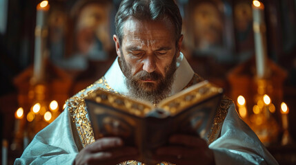 A clergyman reads the Bible in church - obrazy, fototapety, plakaty