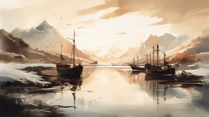 A serene Scandinavian fjord landscape at sunset