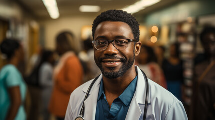 Portrait of an African doctor with glasses in a hospital