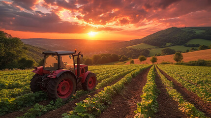 Modern blue tractor machinery plowing agricultural field meadow at farm at spring autumn during sunset. Farmer cultivating,make soil tillage before seeding plants,crops,nature countryside rural scene.