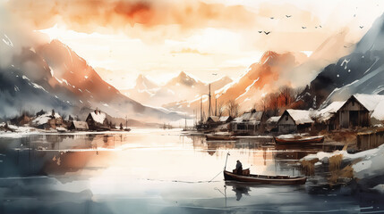 A serene Scandinavian fjord landscape at sunset, snow-capped mountains reflecting in the calm waters, traditional fishing boats in the foreground, capturing the tranquil beauty of the Nordic region