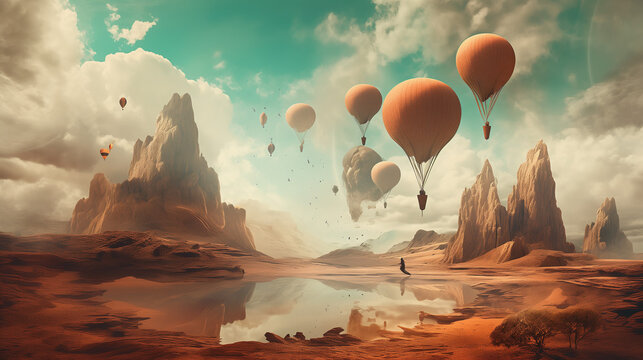 A surreal desert landscape with floating islands suspended in the sky, exotic creatures gliding between them, a surreal celestial backdrop, conveying a sense of otherworldly beauty and mystery