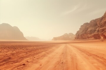 Fototapeta na wymiar Landscape view of dusty road going far away nowhere in Wadi Rum desert Jordan