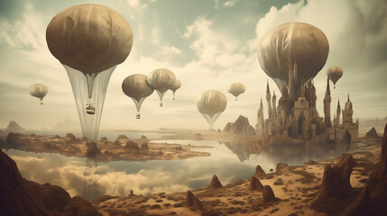 
A surreal desert landscape with floating islands suspended in the sky, exotic creatures gliding between them,
