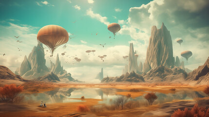 
A surreal desert landscape with floating islands suspended in the sky