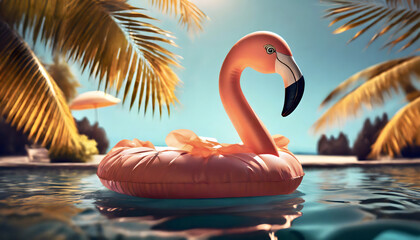 Flamingo, pool, schwimmingpool, reifen, schwimmreifen, close up, palmen, tropisch, wasser, hinetrgrund, peach, fuzz, sonne, reisen, copy space - obrazy, fototapety, plakaty
