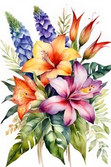 Bouquet of colorful tropical flowers on white background. Watercolor art. Greeting card for Valentine's Day, birthday, wedding, anniversary or Mother's Day