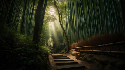 A tranquil bamboo forest landscape in Kyoto, Japan