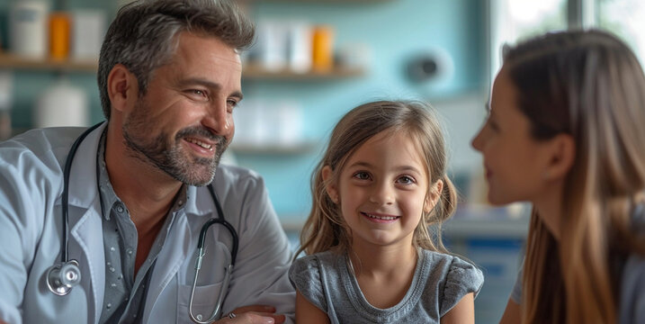 Doctor Pediatrician Talking With Child Patient, Consulting.