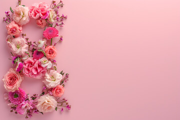 Congratulations on the 8th of March. Number 8 made from flowers on a soft pink background. Copy space.