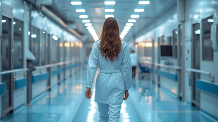 A nurse walking down a hospital corridor - obrazy, fototapety, plakaty