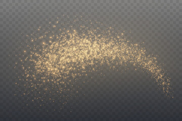 Christmas glowing bokeh confetti light and glitter texture overlay for your design. Festive sparkling gold dust png. Holiday powder dust for cards, invitations, banners, advertising.