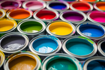 Fototapeta premium Farbenvielfalt entfesselt: Eine Menge von Farbdosen präsentiert eine bunte Palette kreativer Möglichkeiten, ein inspirierendes Bild des künstlerischen Schaffens