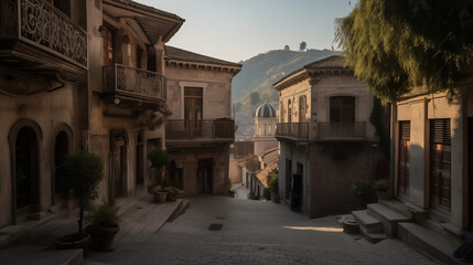 
An ancient cityscape nestled in the mountains, stone buildings with intricate carvings, narrow winding streets