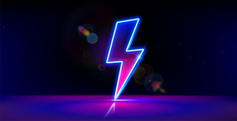 Neon lightning bolt. Thunder flash sign, electrical discharge. Retro neon glowing power sign on black background. 3d vector illustration.