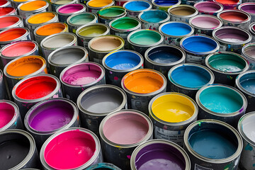 Fototapeta premium Farbenvielfalt entfesselt: Eine Menge von Farbdosen präsentiert eine bunte Palette kreativer Möglichkeiten, ein inspirierendes Bild des künstlerischen Schaffens
