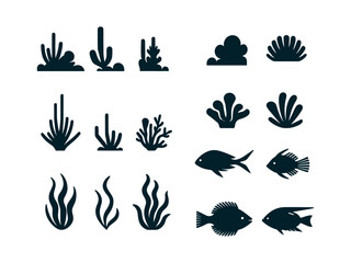 Black and white vector icons of marine life, including algae, shells and fish.