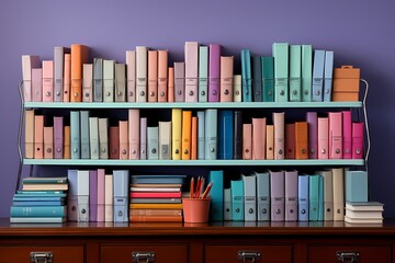 Neat composition showcasing school textbooks and paper clips on a pastel purple desk