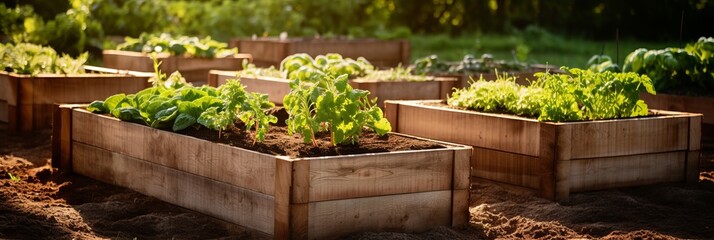 Vegetable garden in the city, wooden beds for growing vegetables, hobbies and recreation, banner
