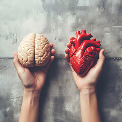 two hands choosing between brain or heart. Loving concept.Grey background. - obrazy, fototapety, plakaty