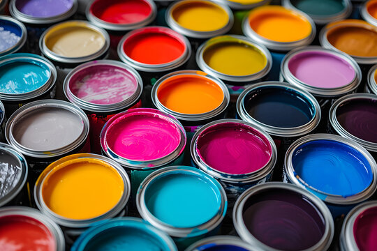 Farbenvielfalt entfesselt: Eine Menge von Farbdosen pr&auml;sentiert eine bunte Palette kreativer M&ouml;glichkeiten, ein inspirierendes Bild des k&uuml;nstlerischen Schaffens