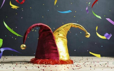 Colorful jester hat with confetti rain. Carnival themed party concept. - obrazy, fototapety, plakaty