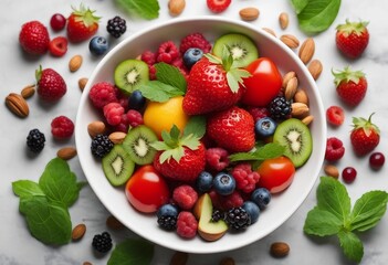 Obraz premium Background healthy food for heart Healthy food diet and life Fresh fruits and vegetables berries kiwis nuts background top view