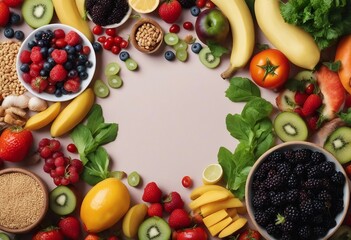 Background healthy food Fresh fruits vegetables fish berries and cereals Healthy food diet and healthy recepies
