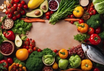 Healthy food frame Fresh fruits vegetables meat and fish on table Healthy food diet and healthy food concept background with copy space