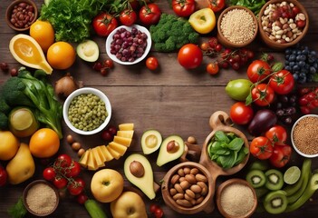 Balanced healthy food background Selection of various mediterranean diet products for healthy nutrition top view with copy space in center