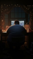 Obraz na płótnie Canvas A man sitting at a desk in front of a computer. Generative AI.