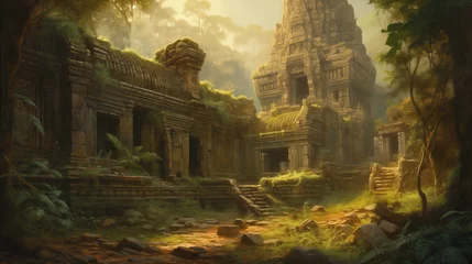 Papier Peint photo Lieu de culte An ancient temple complex in Angkor Wat, Cambodia, intricate stone carvings and lush vegetation, the warm golden light of sunrise casting a mystical ambiance, capturing the historical and spiritual