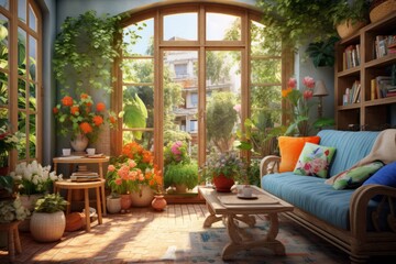 Fototapeta na wymiar Living room with large French windows overlooking the garden, summer time, cozy living room in pastel colors