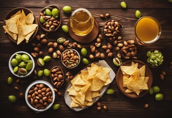 Beer in bottles and glasses on a wooden table Beer and snacks pistachio nuts chips and nachos top view