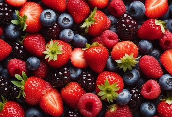 Fototapeta premium Berries assorted mix of strawberry blueberry raspberry Various fresh summer berries Top view Healthy lifestyle