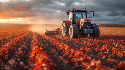 Tractor seeding directly into the stubble with red equipment using GPS for precision farming in the fields of Czech Republic. - obrazy, fototapety, plakaty