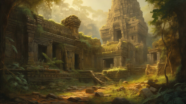 An ancient temple complex in Angkor Wat, Cambodia, intricate stone carvings and lush vegetation, the warm golden light of sunrise casting a mystical ambiance, capturing the historical and spiritual