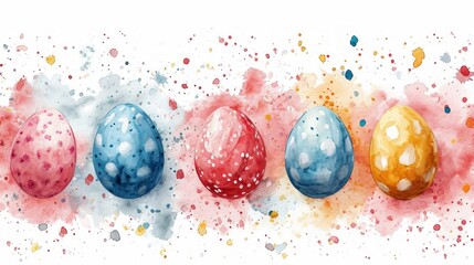 Easter eggs in field with flowers and grass, pastel color, cartoon illustration.