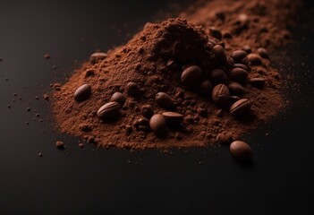 Cocoa powder sifting isolated on black background Chocolate dust with beans on black background - obrazy, fototapety, plakaty