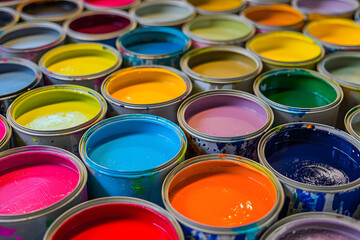 Fototapeta premium Farbenvielfalt entfesselt: Eine Menge von Farbdosen präsentiert eine bunte Palette kreativer Möglichkeiten, ein inspirierendes Bild des künstlerischen Schaffens