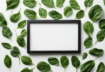 Frame made of spinach leaves on white background Spinach leaf isolated background Creative food concept Nutrition and health benefits of green leafy vegetables