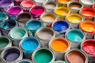 Fototapeta premium Farbenvielfalt entfesselt: Eine Menge von Farbdosen präsentiert eine bunte Palette kreativer Möglichkeiten, ein inspirierendes Bild des künstlerischen Schaffens